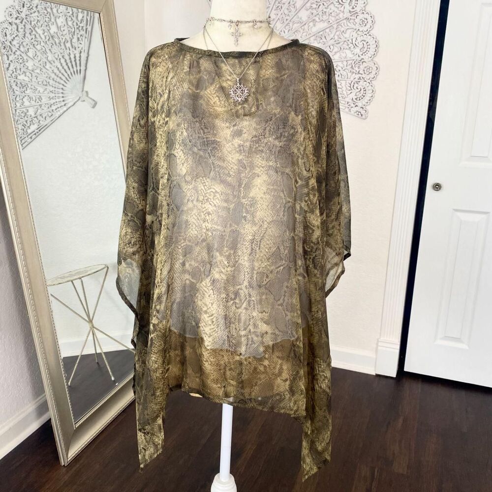 Whimsygoth Boho Khaki Green Black Snake Skin Sheer Mesh Shawl Top OS
